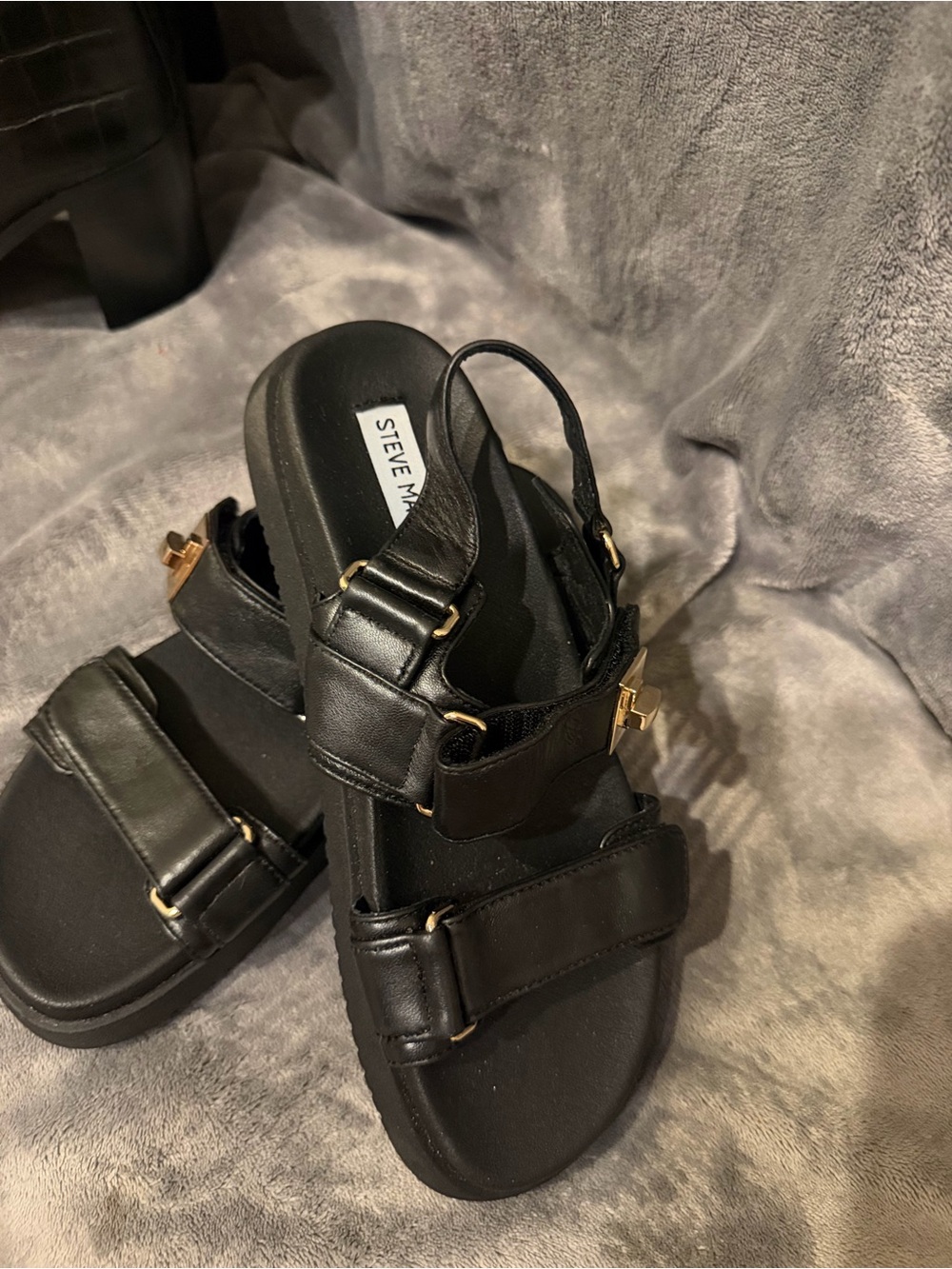 Steve Madden Black Leather Buckle Sandals with Gold Hardware